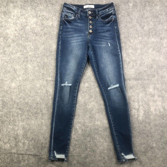 KanCan Denim - KanCan 3/25 Button Fly Exposed Skinny Blue Distressed Step Hem Denim Jeans
